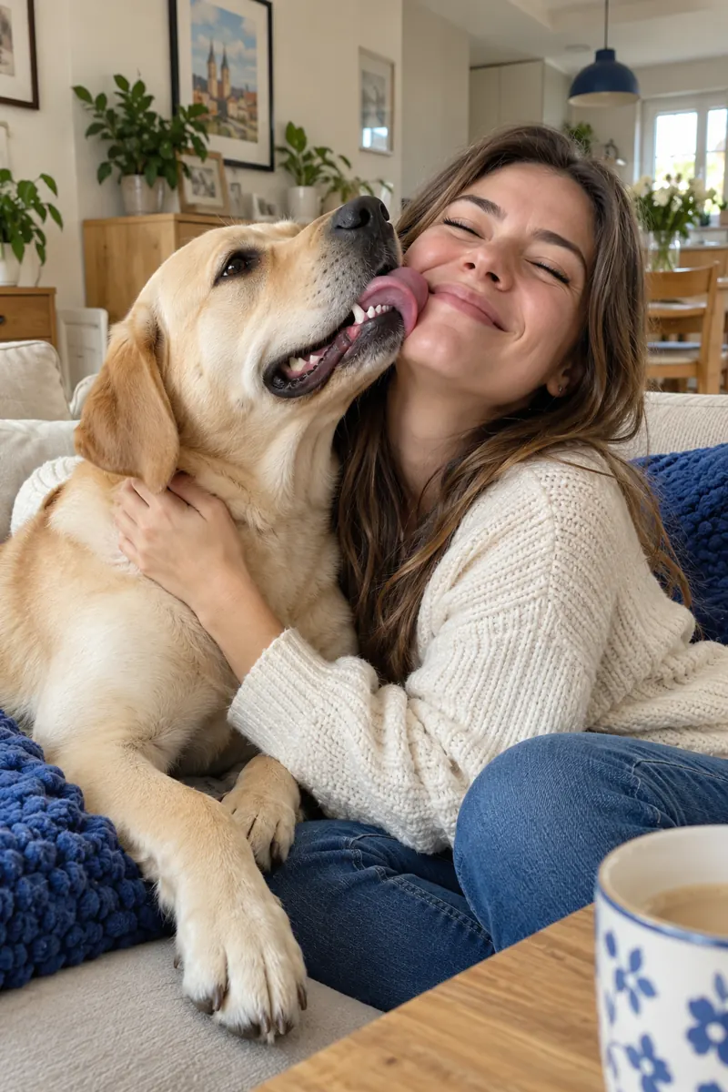 Labrador liże opiekunkę po twarzy, oboje się uśmiechają