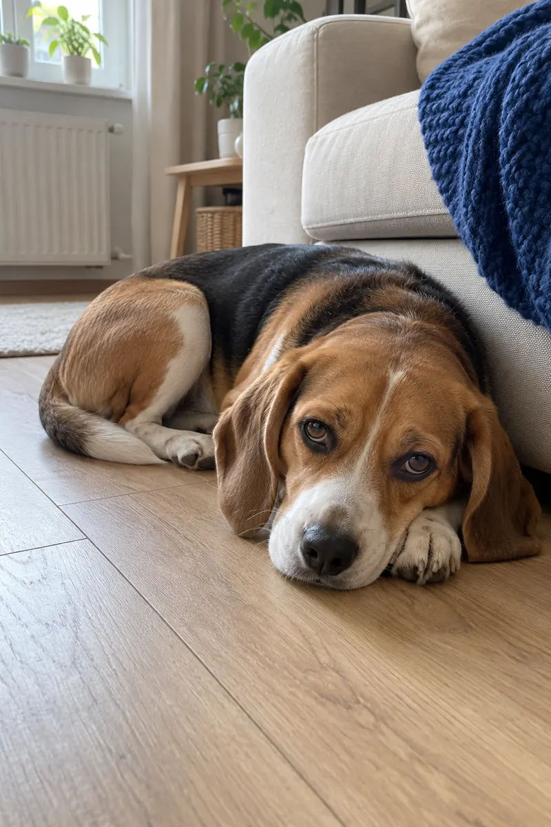 Smutny beagle leży na podłodze z głową na łapach
